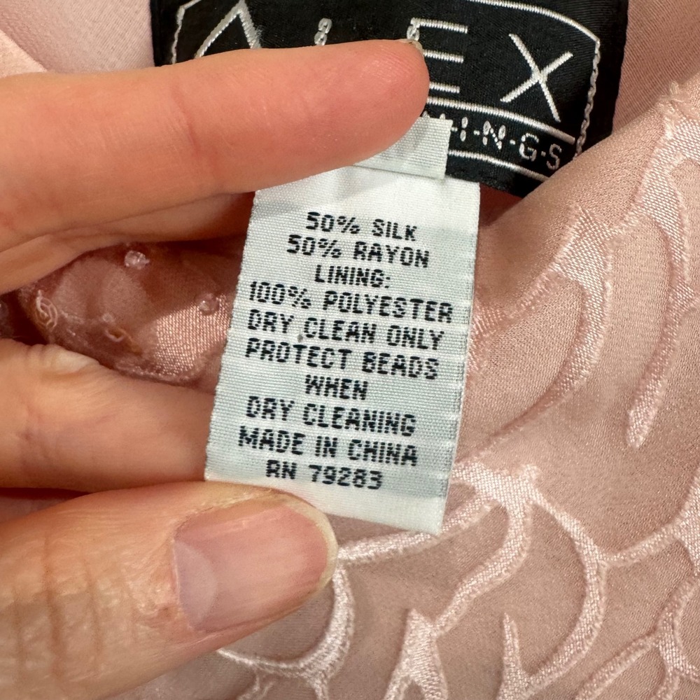 Y2K Alex Evenings Pink Silk Floral‎ Rose Burnout Beaded Handkerchief Fairy Dress - Picture 4 of 10